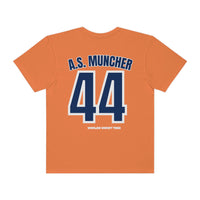 Relaxed fit Houston Asshats #44 A.S. Muncher Tee, back view. 100% ring-spun cotton, garment-dyed for coziness. Double-needle stitching for durability, no side-seams for shape retention.