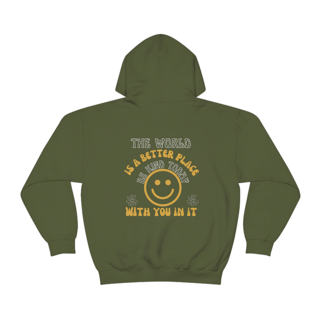 Unisex Be Kind Today Hoodie: Green sweatshirt with white text, kangaroo pocket, and drawstring hood. Cotton-polyester blend, plush feel, no side seams, medium-heavy fabric, classic fit. Ideal for printing.