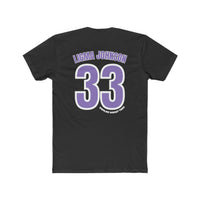 Colorado Rockhards #33 Ligma Johnson Tee: Men’s black active shirt with purple numbers and text. Premium fit, ribbed knit collar, 100% cotton, roomy, and comfortable. Ideal for workouts or daily wear.