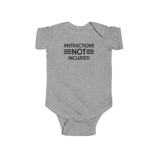 A durable and soft infant fine jersey bodysuit with text, featuring 100% cotton fabric for solid colors and ribbed knitting for durability. Plastic snaps at the cross closure for easy changing access.