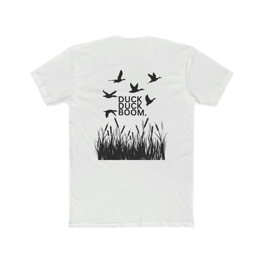 A premium fitted men’s Duck Duck Boom Tee, featuring a back design of black birds and grass. Comfy, light, ribbed knit collar, roomy fit, 100% cotton, with side seams for support.