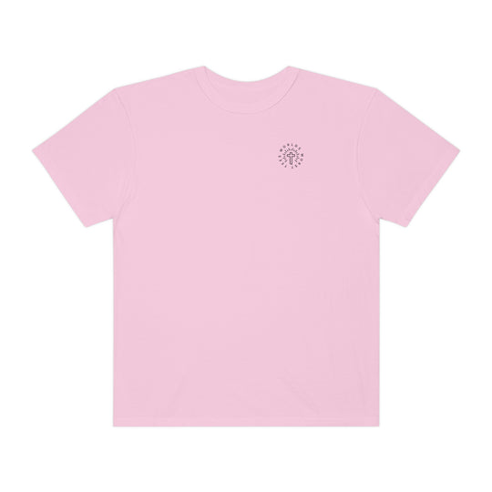 A Blessed Mom Tee: Pink shirt with logo, 100% ring-spun cotton, garment-dyed for coziness. Relaxed fit, double-needle stitching for durability, no side-seams for shape retention. Sizes S-3XL.