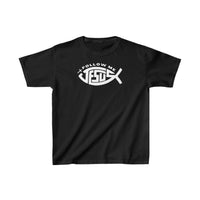 Kids Jesus Follow Me Tee: Black shirt with white design. 100% cotton, twill tape shoulders, ribbed collar. Ideal for everyday wear. Sizes XS to XL. Lightweight, classic fit. No side seams.