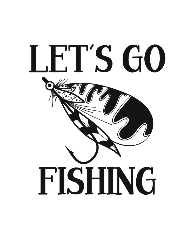 Black and white Let's Go Fly Fishing unisex tee graphic featuring a fishing lure logo and typography. Classic fit, 100% cotton, sustainably sourced materials. From Worlds Worst Tees.